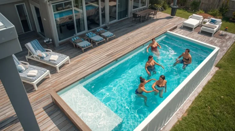 Backyard shipping container pool with clear blue water and wooden deck - Four Sons Logistics