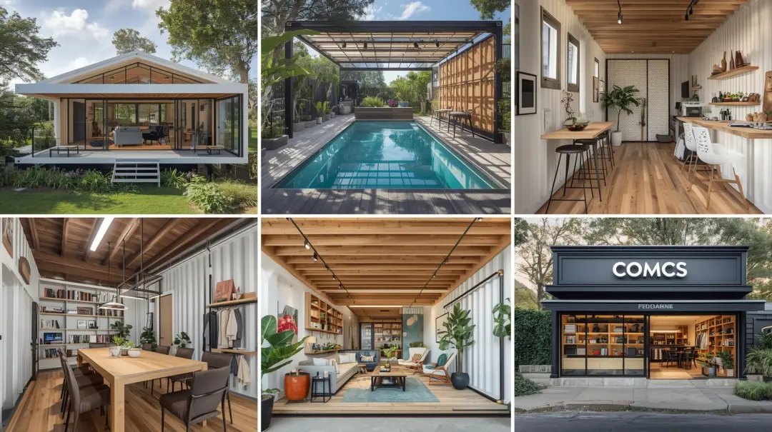 Modern collage of creative shipping container conversions - Four Sons Logistics