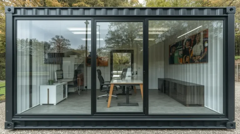 Stylish shipping container office with glass walls - Four Sons Logistics